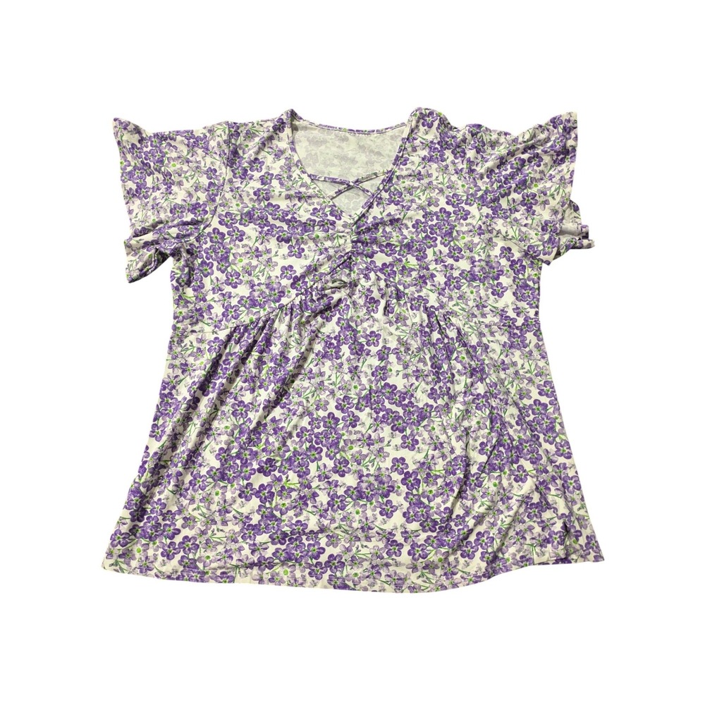 Woman Within‎ Purple Floral Crisscross V-Neck Babydoll Tunic Top Size L 36 in